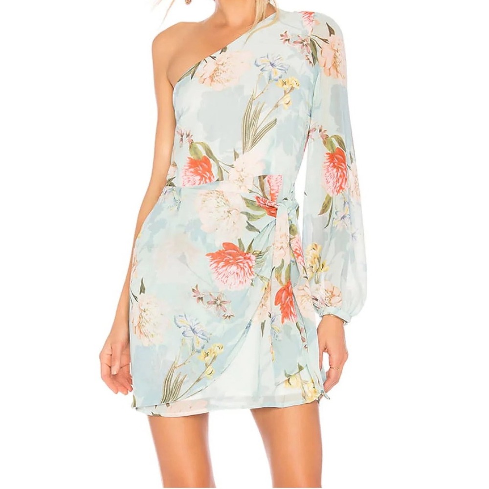 Yumi Kim One Shoulder Floral Mini Dress Light Blue Long Sleeve Wrap Front Size M